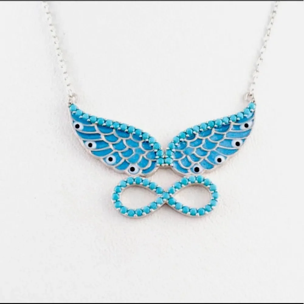 Angel wings evileye hand made enamel 925 silver wing infinity turquoise necklace